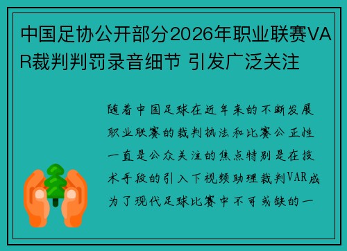 中国足协公开部分2026年职业联赛VAR裁判判罚录音细节 引发广泛关注